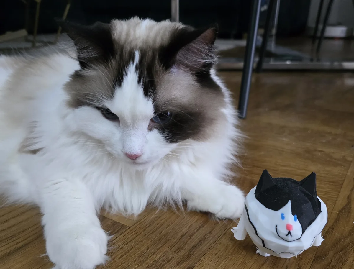 A ragdoll cat lying next to a 3D-printed Gravitten figure
