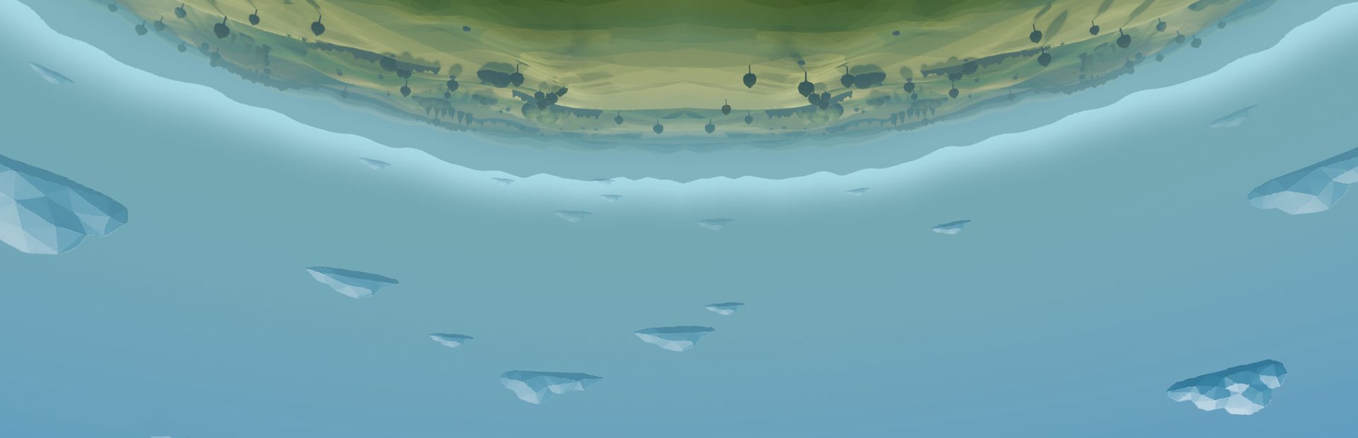Library hero background: an upside-down meadow above a sky of floating islands