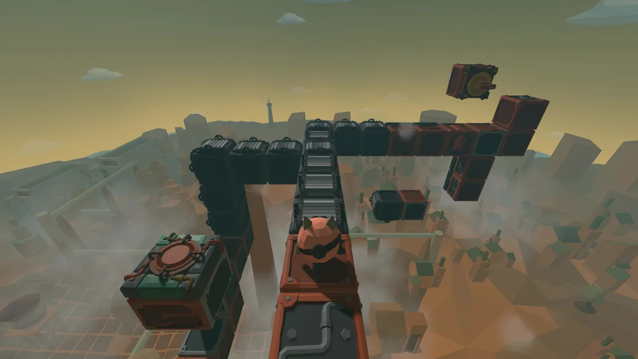 Conveyor belts high above a steampunk city in the fog